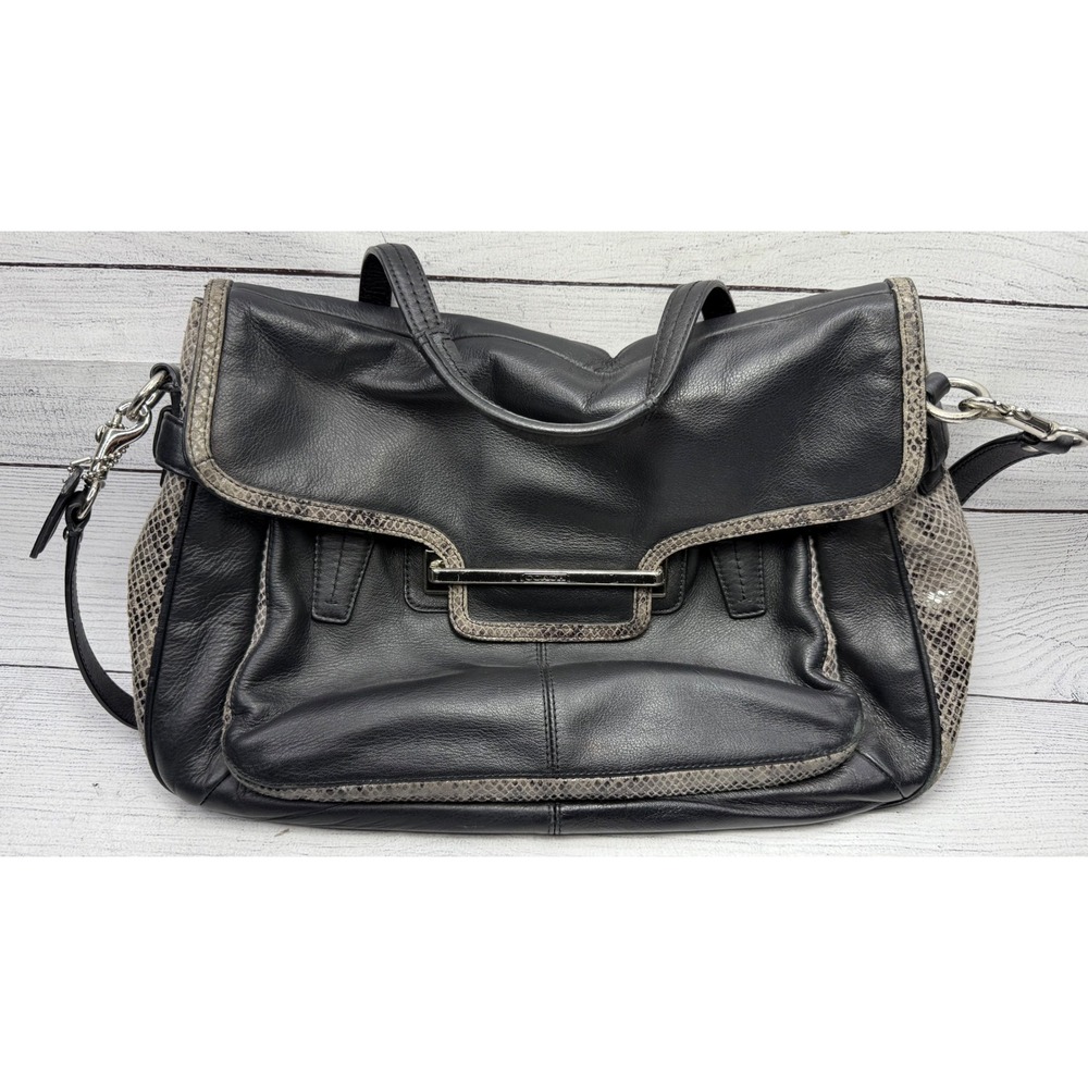COACH Black Leather Snakeskin Trim Satchel Crossbody Bag Designer Handbag‎
